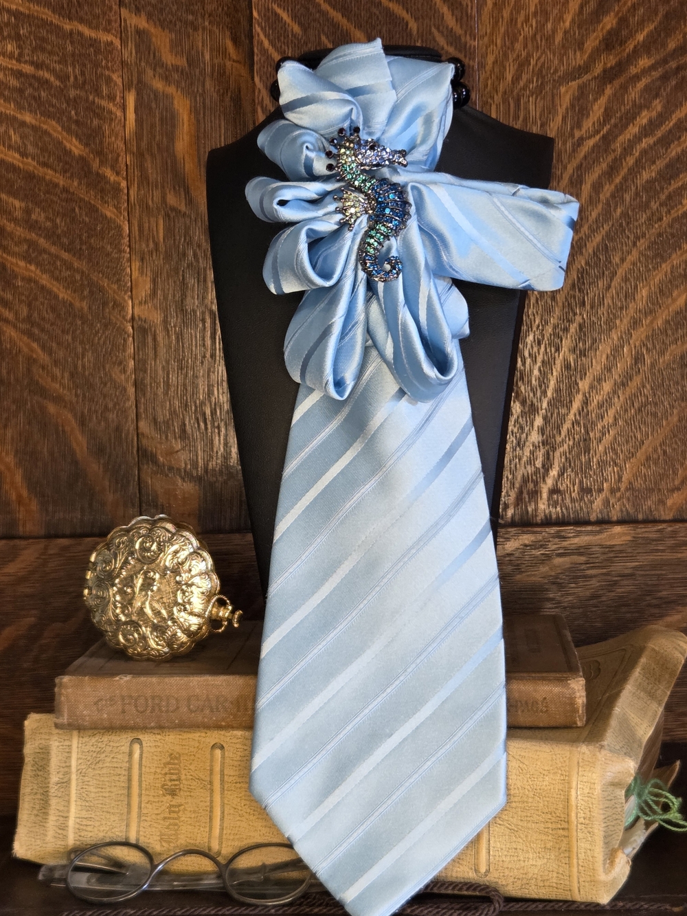 Light Blue  Ladies Neck Tie with Seahorse Brooch